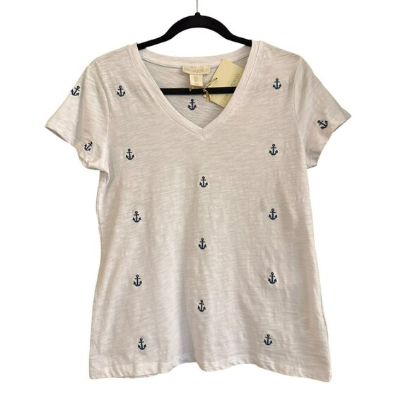 Cynthia Rowley Womens White V-Neck T-Shirt Navy Anchor Nautical Small Cotton NWT - Picture 1 of 3